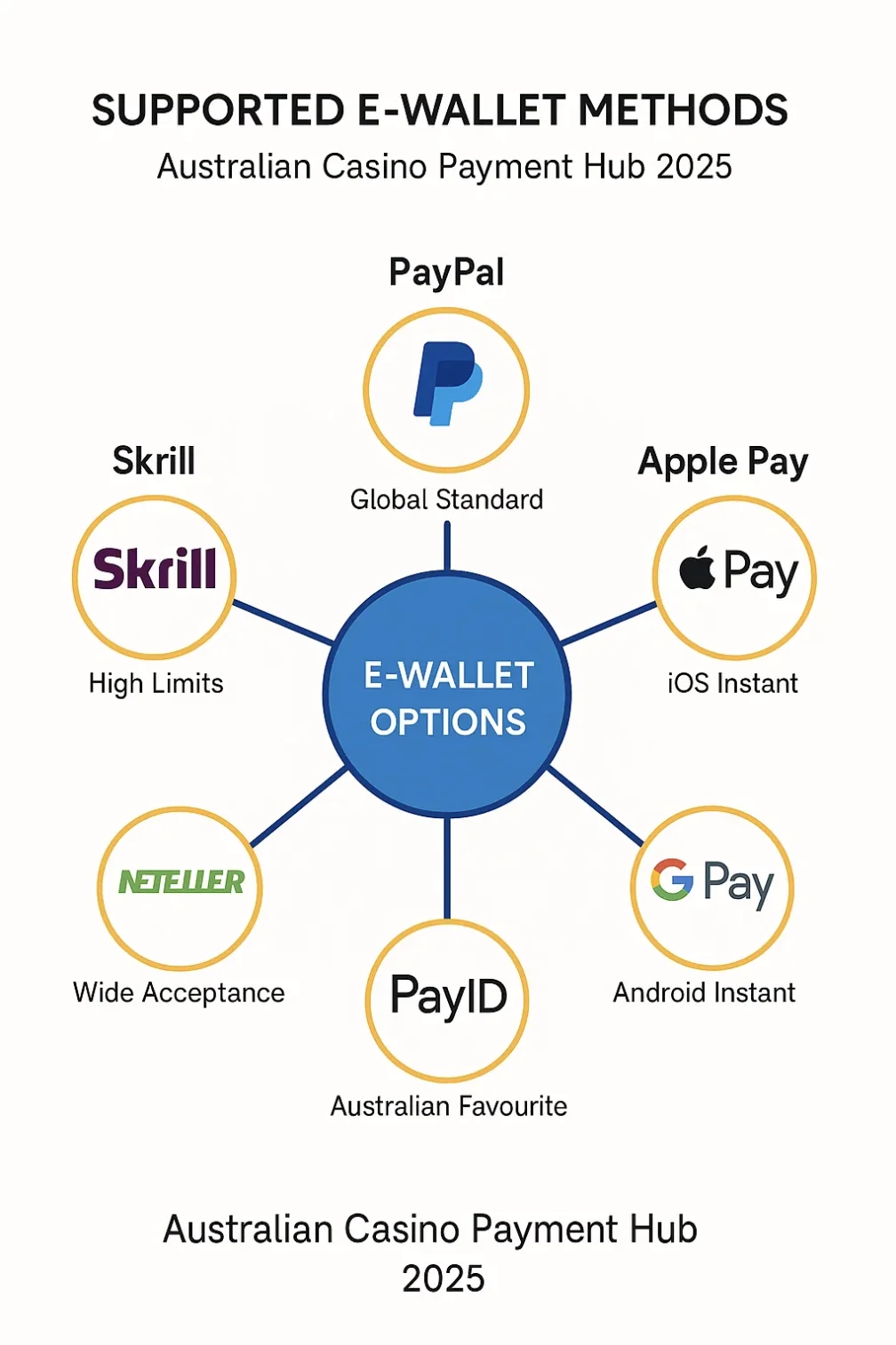 Network of popular e-wallet logos such as PayPal, Skrill, and Apple Pay arranged in a circle