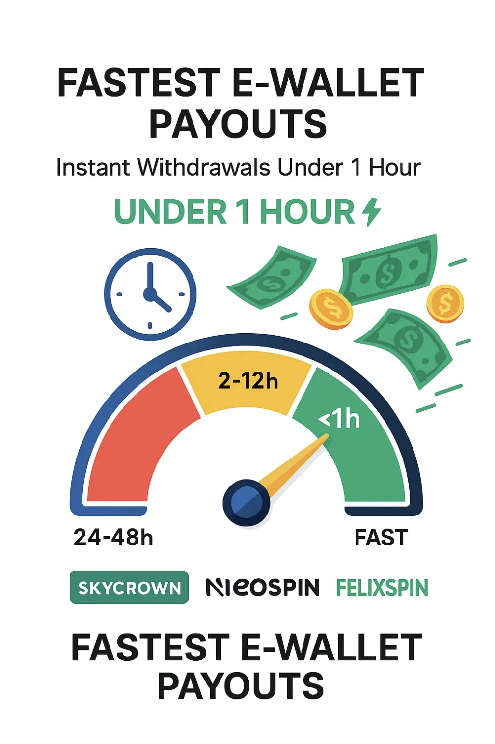 Speedometer and clock showing under one hour with fast e-wallet withdrawal visualization and flying money