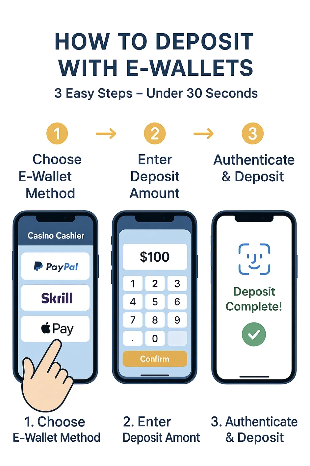 Step-by-step guide showing hands using a smartphone to complete an e-wallet deposit process