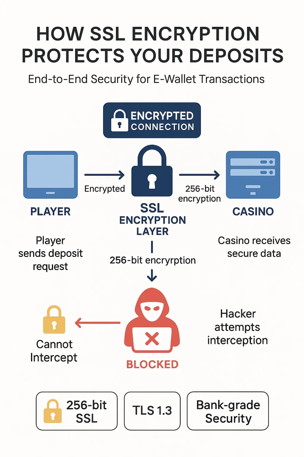 Diagram showing how SSL encryption secures casino payments and protects player data during transactions